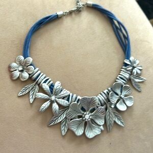 St. Thomas, blue cord sterling silver flowered necklace
